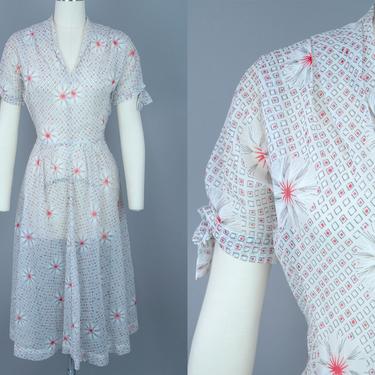 1950s Nylon Dress | Vintage 40s 50s Sheer White, Red, & Black Printed Day Dress | small 