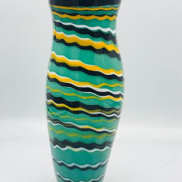 Vintage Green Black Orange Stripe Studio Art Glass Bowl Vase Glass Signed  K. Mitchell 