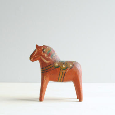 Vintage Dala Horse, Orange Dala Horse, Small Dala Horse, Dala Horse from Sweden, Handmade Dala Horse, Folk Art Horse, Wooden Horse Figurine 