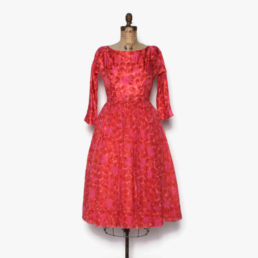 Vintage 50s Hot Pink ROSE Print Silk Dress / 1950s Princess Seam Dress with Full Chiffon Overlay Skirt &amp; Matching Belt 
