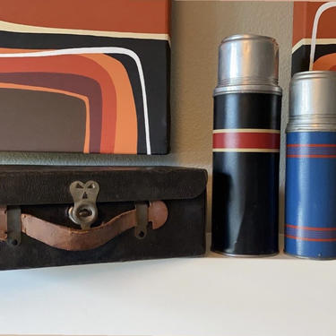 Vintage 1950s Metal Thermos Set With Leather Box 