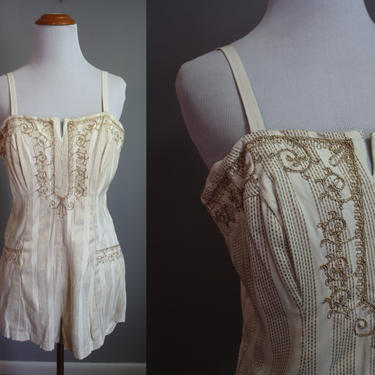 1950's Swimsuit // White &amp; Gold Embroidery // Medium 