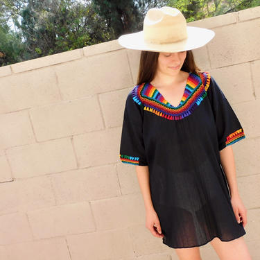 Hand Embroidered Mexican Blouse // vintage cotton boho hippie Mexican embroidered dress hippy off black // O/S 