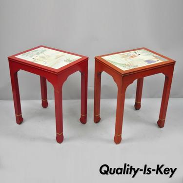Pair of Vintage Oriental Ming Style Red Wooden Side End Tables with Tile Tops