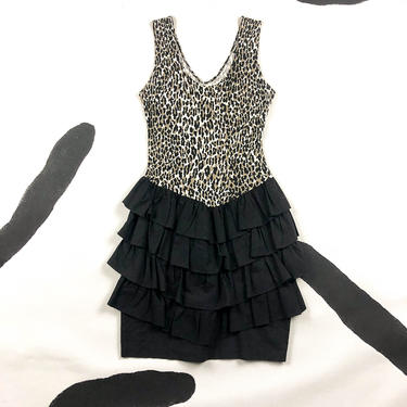 80s 90s Cheetah Print Ruffle Skirt Mini Dress / Wiggle Dress / Party Dress / Tank / Sleeveless / Medium / Leopard / Animal Print / Size 8 / 