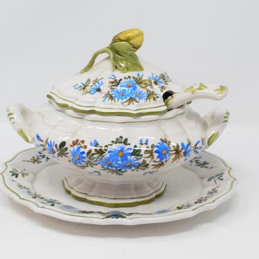 Italian Porcelain Floral Tureen. Vintage Nove Bassano Pottery Soup Dish, Tray and Ladle. 
