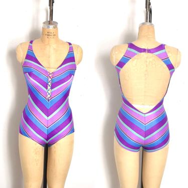 Vintage 1960s Swimsuit / 60s Striped Lace Up One Piece Bathing Suit / Purple ( XS S ) 