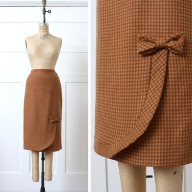 vintage 1950s 60s wool skirt • orange & light brown houndstooth bow skirt 