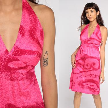Hawaiian Halter Dress 70s Dress Hot Pink Abstract Backless Midi Hippie Halter Neck 1970s Open Back Vintage Sundress Extra Small xs 