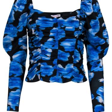 Parker - Black & Blue Ruched Crop Blouse w/ Puffed Sleeves Sz S
