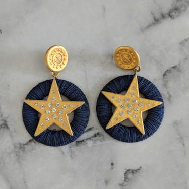 vintage 90's oversized gold star dangle drop earrings in navy blue by BetaGoods