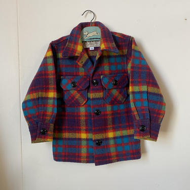 Bemidji Woolen Mills children’s chore coat, rainbow plaid button down with chest pockets 