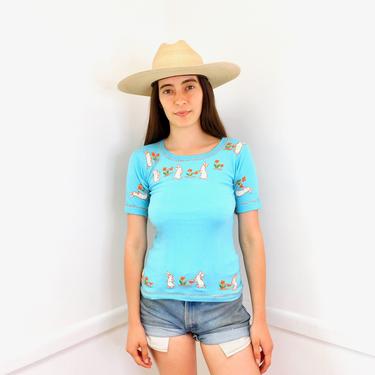 Indian Blue Bunny Hand Embroidered Bird Tee // vintage 70s 1970s t-shirt boho hippie t shirt dress blue cotton blouse top French // XS/S 