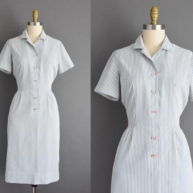 vintage 1950s dress - Size Medium Large - Blue and white pinstripe print cotton short sleeve day dress - 50s dress 
