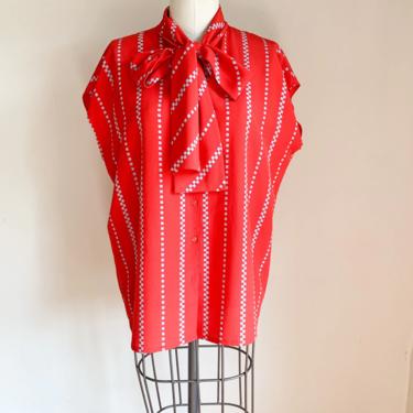 Vintage 1980s Red & Gray Ascot Tie Blouse / L-XL 