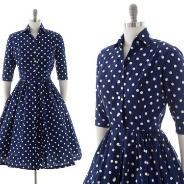 Vintage 1950s Shirtwaist Dress | 50s Polka Dot Cotton Navy Blue White Button Up Fit and Flare Full Skirt Day Dress with Pockets (small) 