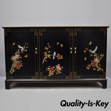 Vintage Oriental Hand Painted Black Lacquer Chinese Credenza Buffet Sideboard