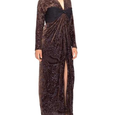 1970S Oscar De La Renta Silk Burnout Velvet & Draped Chiffon Gown With Sleeves 