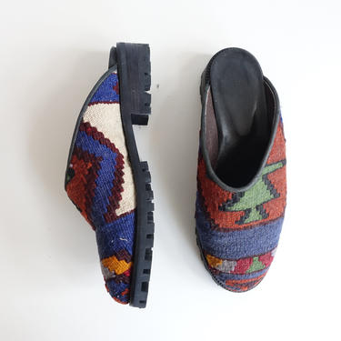Vintage Turkish Kilim Slip On Shoes/ Colorful Flat Weave Rug Slides/ Size 5.5 6 
