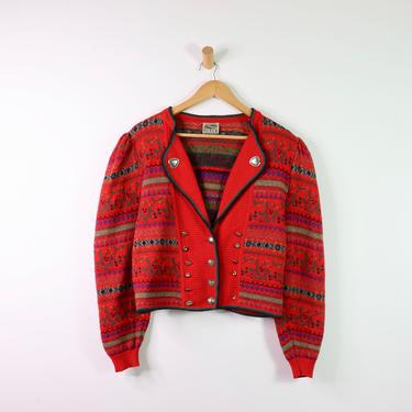 Vintage Huber Tracht German Red Wool Cardigan Sweater with Lepels, Puff Sleeve Sweater, Heart Shaped Buttons, 40&amp;quot; Bust 