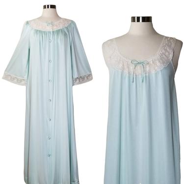 Vintage Lace Nightgown Robe Set, Medium / Pastel Green Nylon Peignoir Set / Silky Two Piece Pajama Set / Full Length Fancy Nightgown Robe 