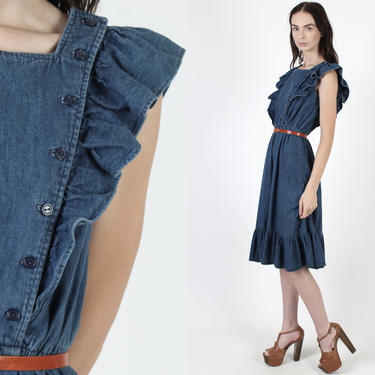 Plain Denim Pinafore Dress / Soft Apron Dress With Open Sides / Vintage 80s Blue Overalls / Womens Americana Knee Length Kitchen Jumper 