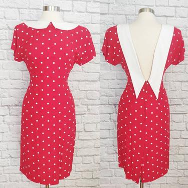 Vintage 80s Polka Dot Dress // Red and White Low Back Pencil 
