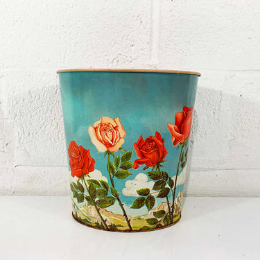 True Vintage Rose Trash Can Metal Basket Waste 1950s 50s Tin Litho Cheinco MCM Chein Co Paper Flowers Floral Made in USA Boho Indie Romantic 
