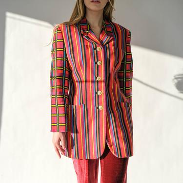 Vintage 90s Gianni Versace Versus Vibrant Stripe & Plaid Velvet Long Blazer w/ Gold Lion Bust Buttons | Made in Italy | 1990s Versace Jacket by TheVault1969
