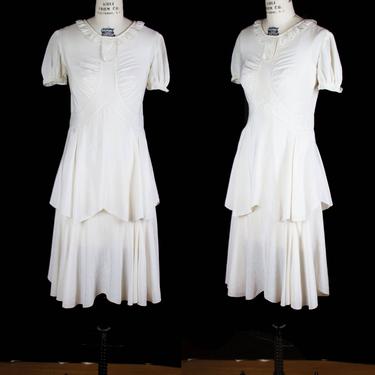 Vintage 1930s Dress ~ Ivory Rayon Ruffle Collar Scallop Two Tiered Skirt Dress 