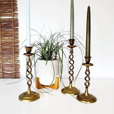 Vintage Tall Brass Open Barley Twist Candleholder Set 