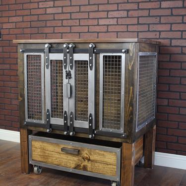 Rustic Dog Crate Raised with Sliding Day Bed - Sliding barn doors / Dog House / Credenza / rustic furniture / farmhouse pet / dog kennel 