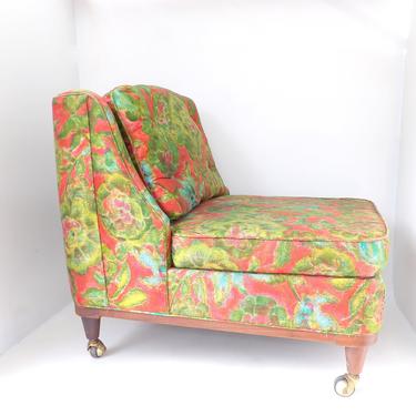 Mid Century Modern Selig Imperial Lounge Chair Funky 1950-1960 Vibrant Floral Upholstered Slipper Rolling Chair Walnut Frame Danish Modern 