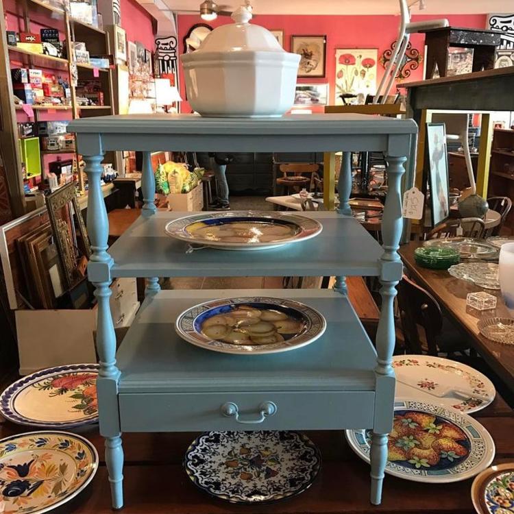 Blue painted 3 - tier accent table with drawer. Miss Pixies.