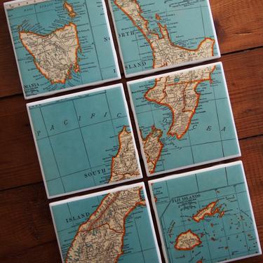 1939 Vintage New Zealand Map Coaster Set of 6. Aotearoa Map. Auckland. New Zealand Gift. NZ Travel Decor. Kiwi. Tasmania Map. Fiji Islands. 