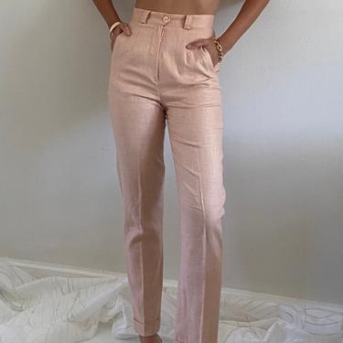 90s linen pants / vintage pale blush sand woven Irish linen high waisted flat front cuffed pants | 26 W size 2 4 