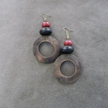 Big wooden earrings, natural Afrocentric earrings, mid century modern earrings, African earrings, bold statement, unique ethnic red 