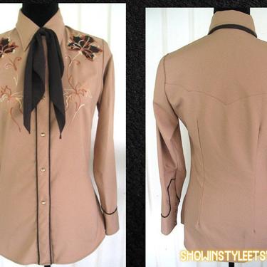 Vintage Western Women's Cowgirl Shirt by Miller, Embroidered Leaves in Brown Tones, Tag Size 10/32, Approx. Small (see meas. photo) 