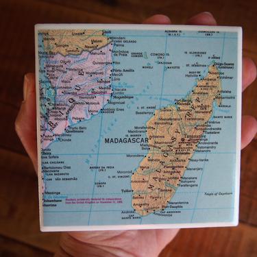 1968 Madagascar Vintage Map Coaster - Ceramic Tile - Repurposed 1960s Rand McNally Atlas - Handmade - Africa - Tananarive - Africa Decor by allmappedout
