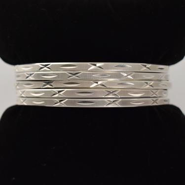 60's Italy 83 AR 925 silver etched hippie bangles set, 5 ribbed x's & pointed ovals sterling boho stacking bracelets 
