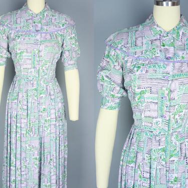 1940s NOVELTY PRINT Rayon Dress | Vintage 40s Light Purple Day Dress with Capelet Collar and Full Skirt | small 