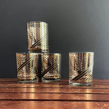 4 Vintage Old Fashioned, Gold n Black, Glam Rocks or Cocktail Glasses Set - Georges Briard, Swirl Stripe, Hollywood Regency, Holiday Gift 