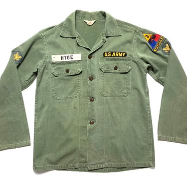 Vintage 1960s OG-107 Type II US Army Utility Shirt ~ M ~ Military Uniform ~ Vietnam War ~ Patches / Named ~ Sanforized ~ Worn In / Faded 