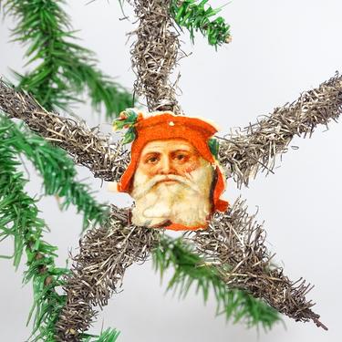 Early 1900's Victorian Die Cut Belsnickel Santa on Tinsel Star, Christmas Tree Scrap Ornament 