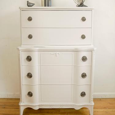 Antique Highboy Dresser, Grey / Beige / Neutral Dresser, Chest of Drawers, Highboy, Ornate Hand Painted Dresser, Free NYC Delivery 
