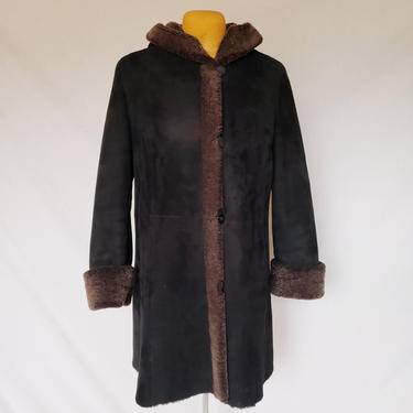 Vintage Marco Gianotti Swing Coat Hooded Black Suede Brown Shearling Fur Winter Parka L 