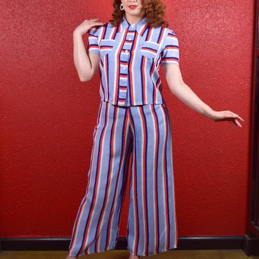 1940s Striped Lounge Pajamas Modern Miss Pants Suit 