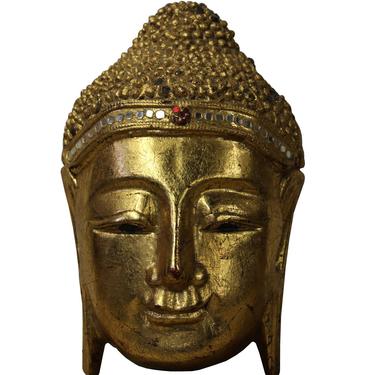 Handcrafted Wood Gold Paint Serene Meditate Sakyamuni Buddha Face Mask Sculpture n262E 