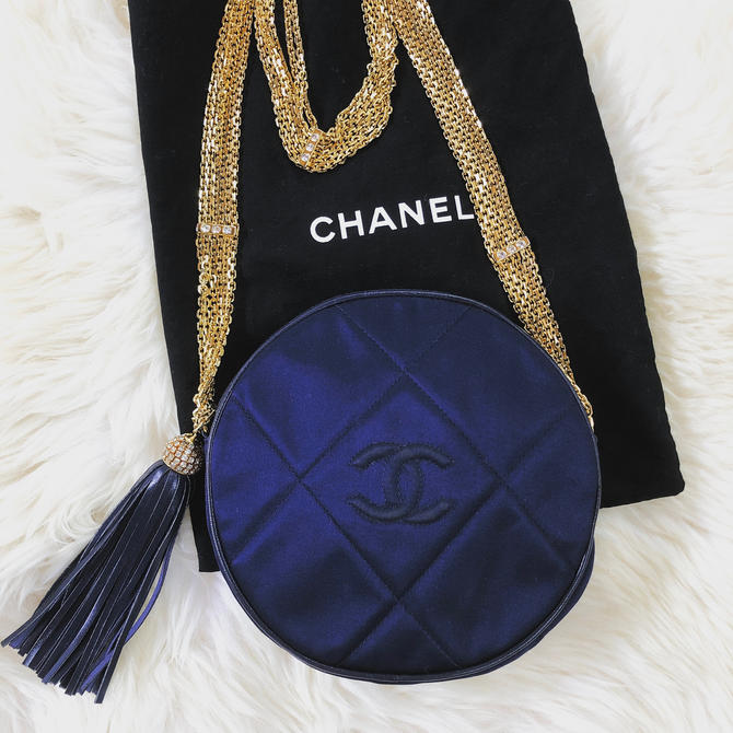 Vintage 90s CHANEL Round Circle CC Navy Blue Satin Quilted, Moonstone  Vintage