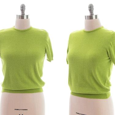 Vintage 1950s Sweater | 50s Cashmere Silk Knit Lime Green Cropped Short Sleeve Pullover Top (small/medium/large) 